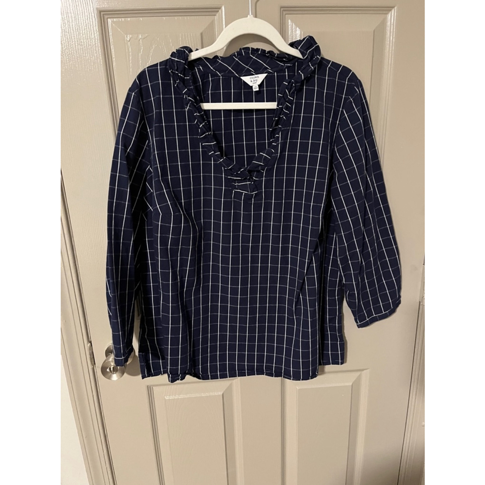 Women's Crown & Ivy Blouse, 1X, Navy & White Plaid
